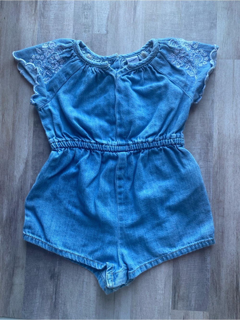 Old Navy Baby Girls Denim Romper 18-24 Months Embroidered Flutter Sleeve